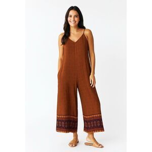 Natural Life Wide Leg Cropped Boho Jumpsuit size L Brown Floral